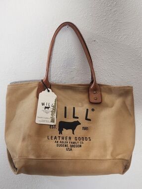 Will Leather Goods Large Canvas Tote Snap Closure Leather Handles Beige Bag